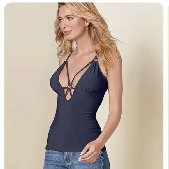 Venus navy blue tank top with silver metal on straps. Like new never worn - Picture 2 of 6